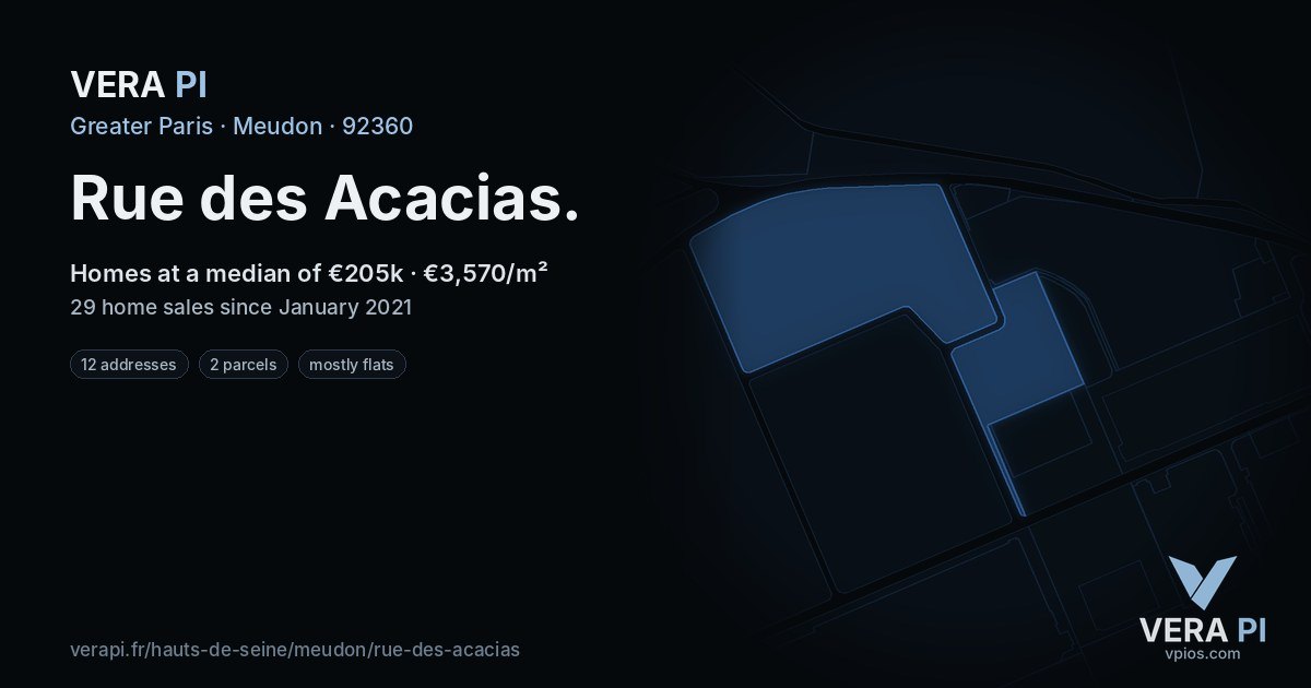 Rue des Acacias, Meudon at night – every parcel coloured by the prices around it, the street's own parcels lit