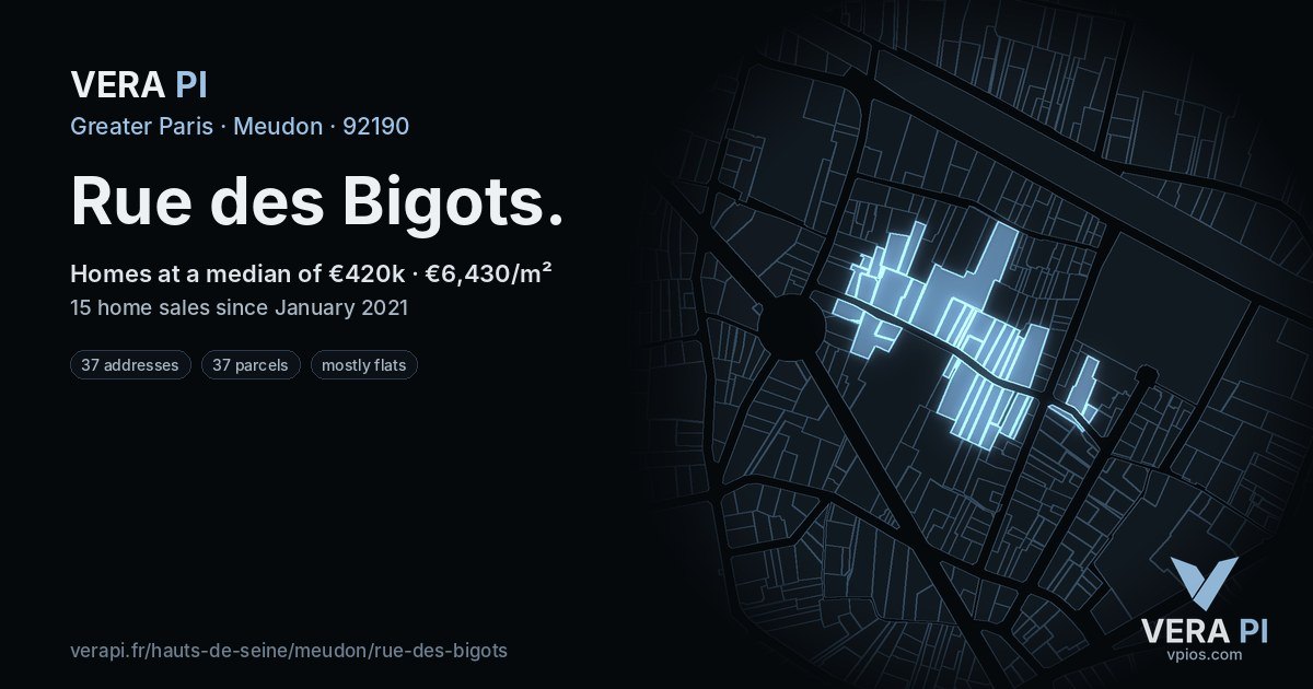 Rue des Bigots, Meudon at night – every parcel coloured by the prices around it, the street's own parcels lit
