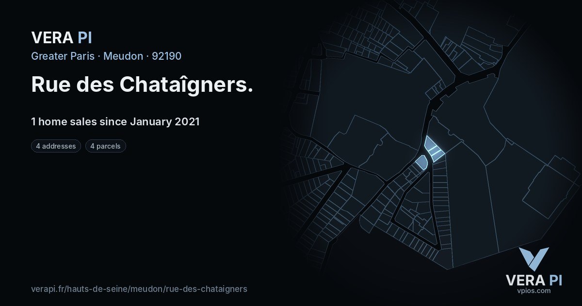 Rue des Chataîgners, Meudon at night – every parcel coloured by the prices around it, the street's own parcels lit