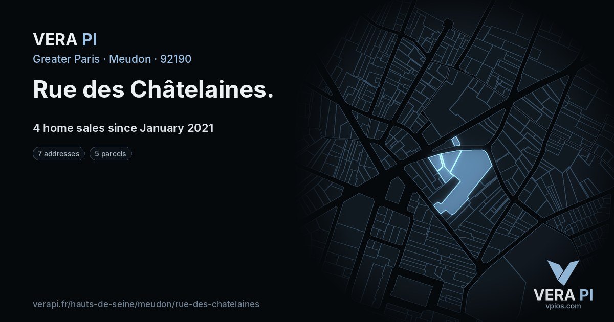 Rue des Châtelaines, Meudon at night – every parcel coloured by the prices around it, the street's own parcels lit