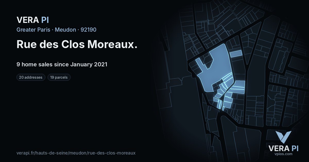 Rue des Clos Moreaux, Meudon at night – every parcel coloured by the prices around it, the street's own parcels lit