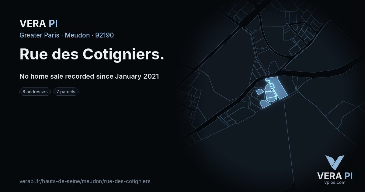 Rue des Cotigniers, Meudon at night – every parcel coloured by the prices around it, the street's own parcels lit