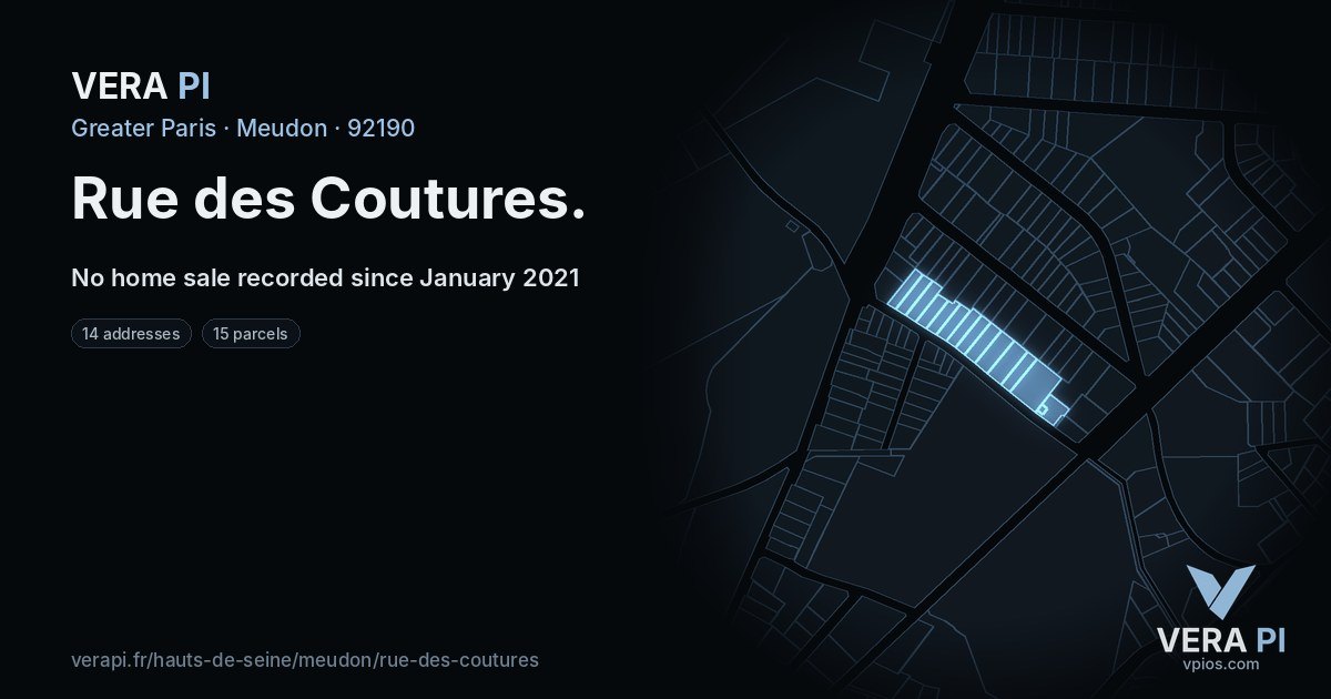 Rue des Coutures, Meudon at night – every parcel coloured by the prices around it, the street's own parcels lit