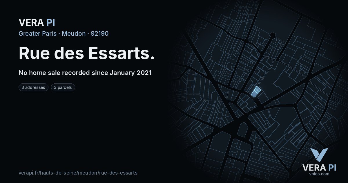 Rue des Essarts, Meudon at night – every parcel coloured by the prices around it, the street's own parcels lit