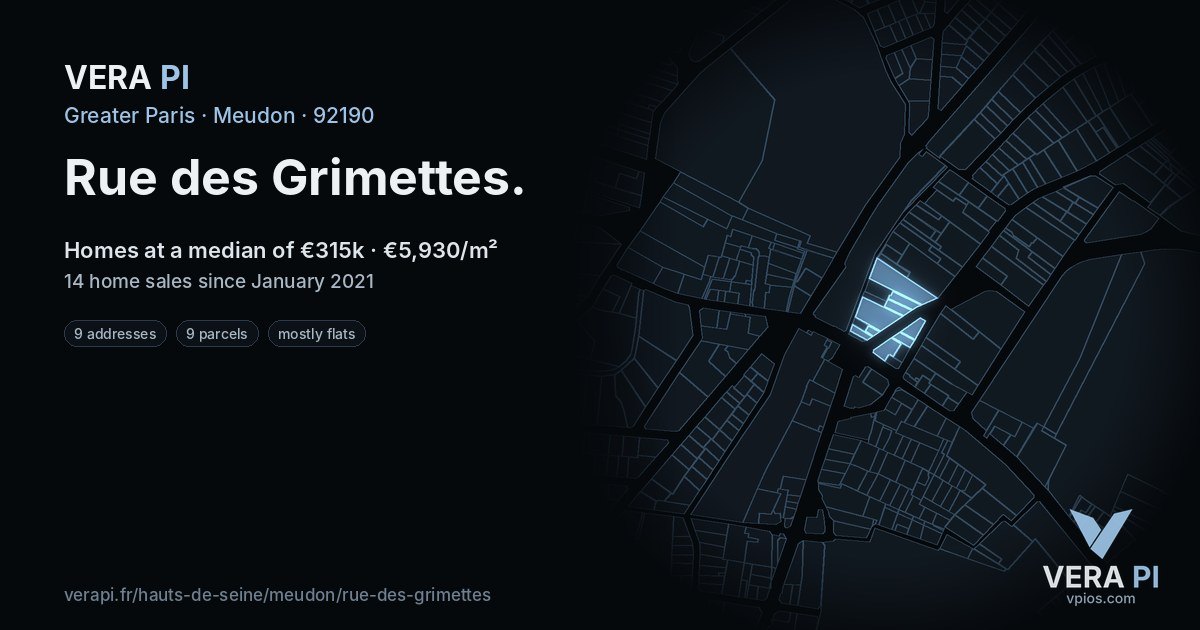 Rue des Grimettes, Meudon at night – every parcel coloured by the prices around it, the street's own parcels lit