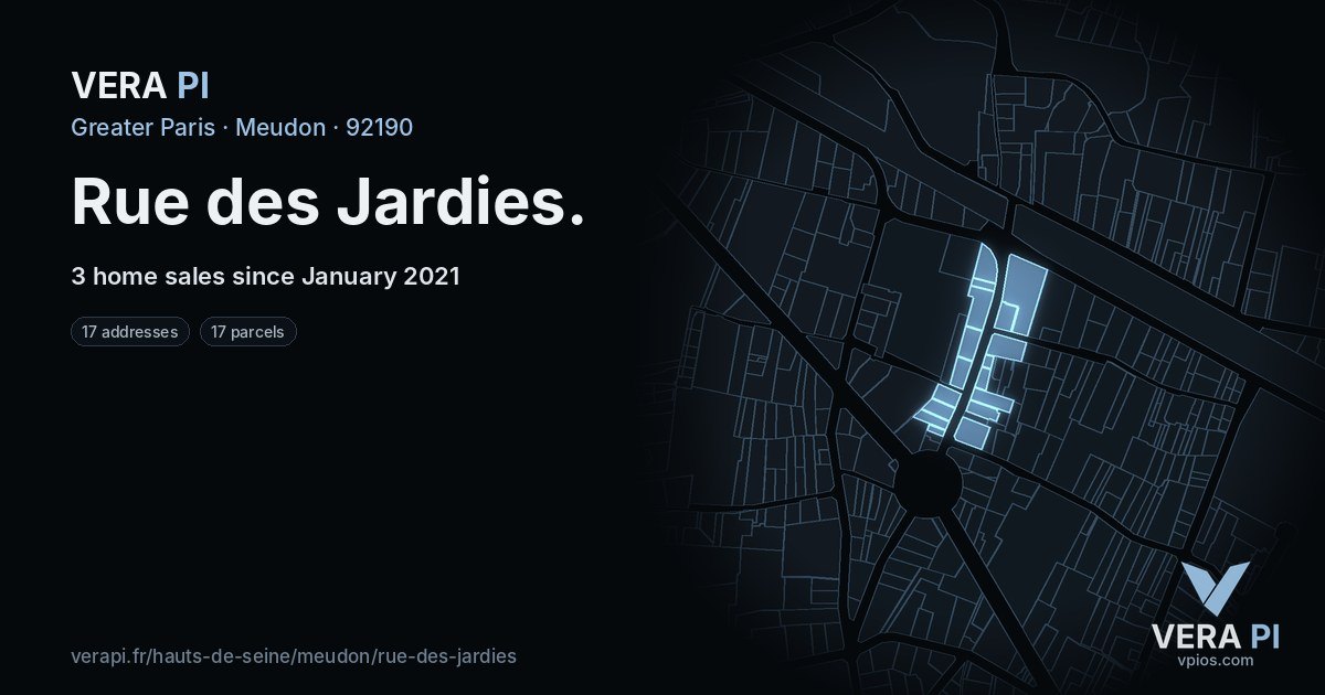 Rue des Jardies, Meudon at night – every parcel coloured by the prices around it, the street's own parcels lit