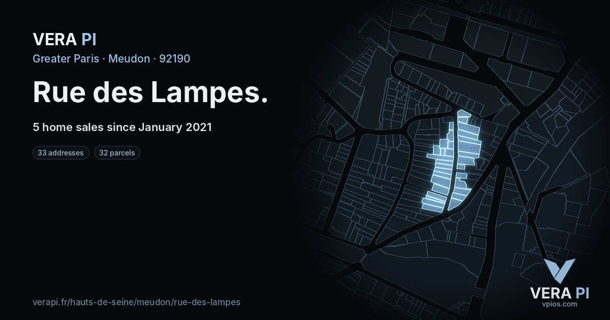 Rue des Lampes, Meudon at night – every parcel coloured by the prices around it, the street's own parcels lit