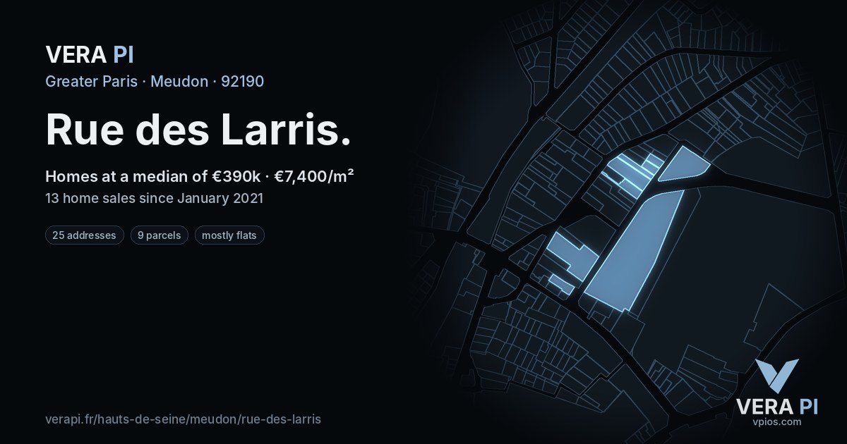 Rue des Larris, Meudon at night – every parcel coloured by the prices around it, the street's own parcels lit