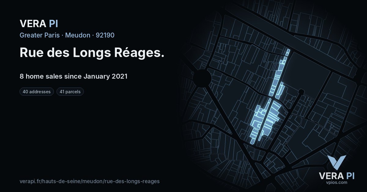 Rue des Longs Réages, Meudon at night – every parcel coloured by the prices around it, the street's own parcels lit
