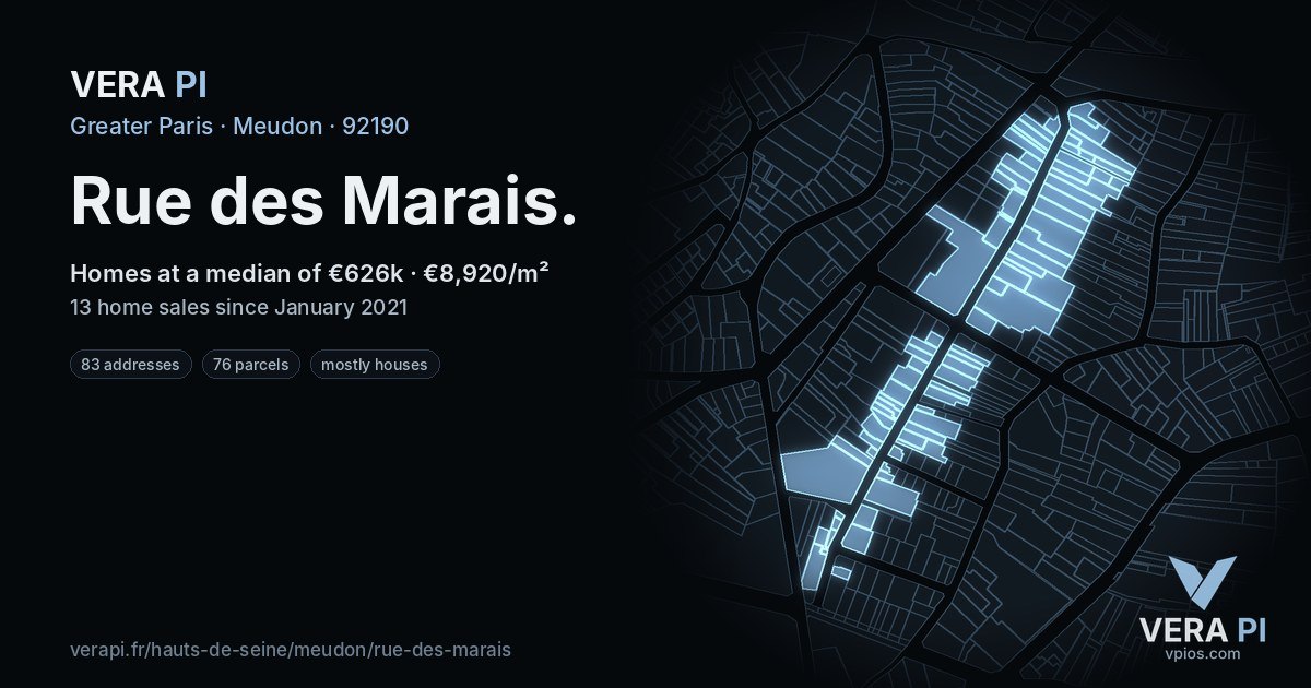 Rue des Marais, Meudon at night – every parcel coloured by the prices around it, the street's own parcels lit