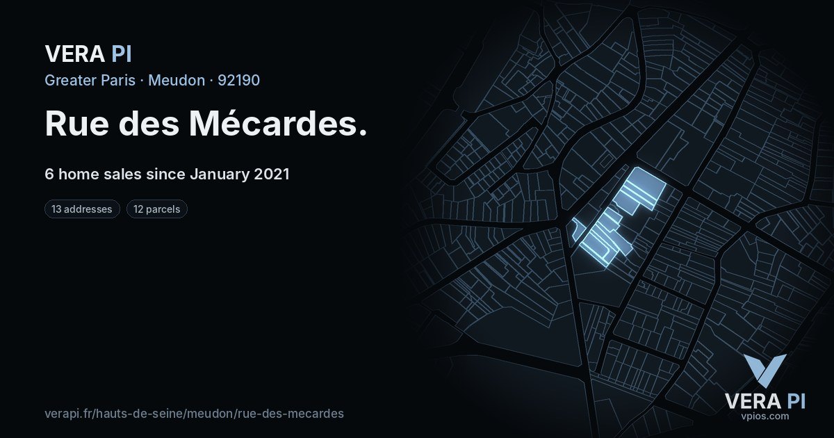 Rue des Mécardes, Meudon at night – every parcel coloured by the prices around it, the street's own parcels lit