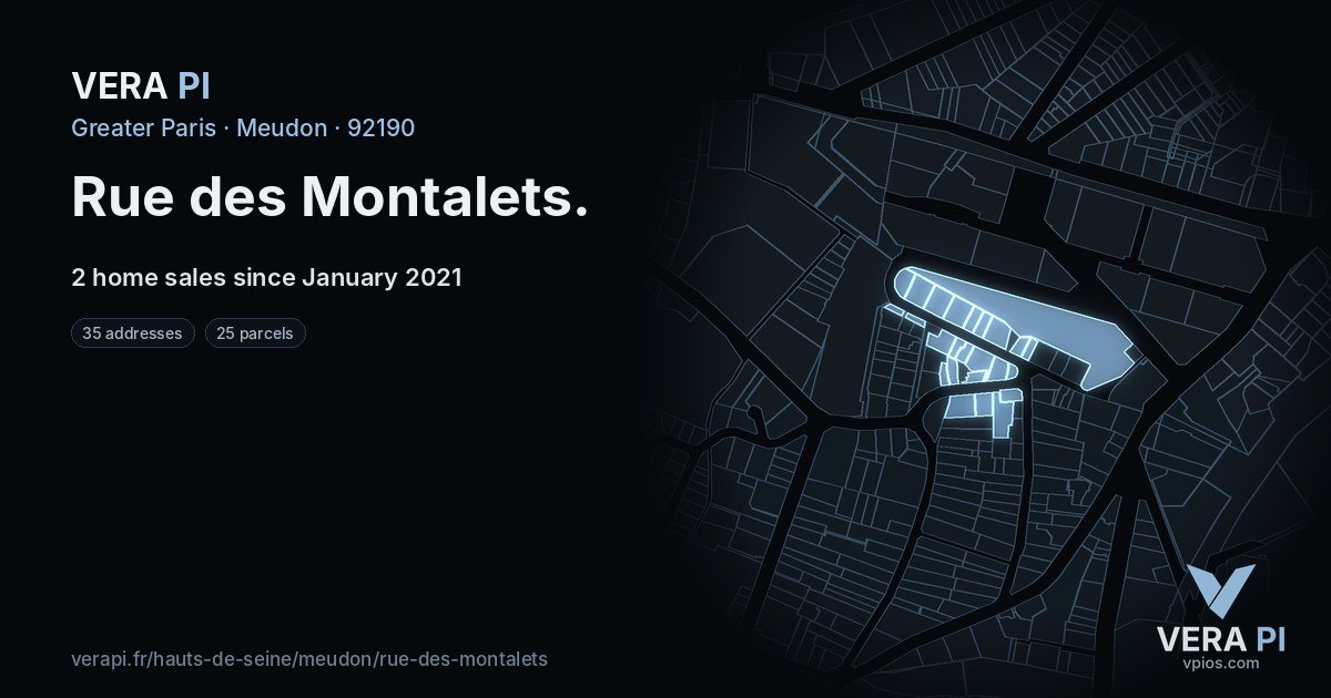 Rue des Montalets, Meudon at night – every parcel coloured by the prices around it, the street's own parcels lit