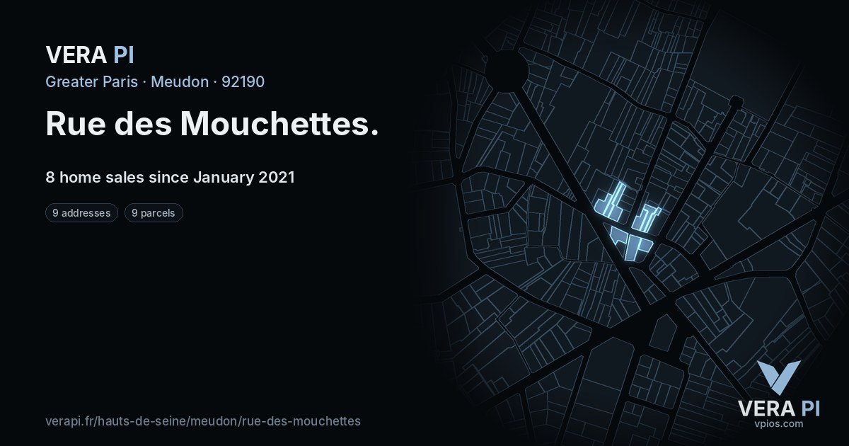 Rue des Mouchettes, Meudon at night – every parcel coloured by the prices around it, the street's own parcels lit