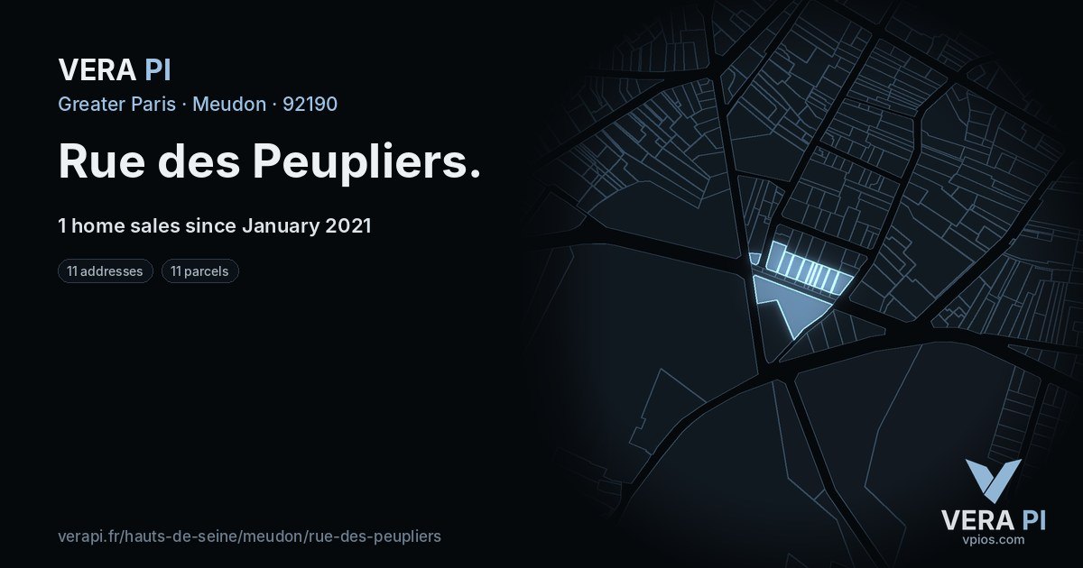 Rue des Peupliers, Meudon at night – every parcel coloured by the prices around it, the street's own parcels lit
