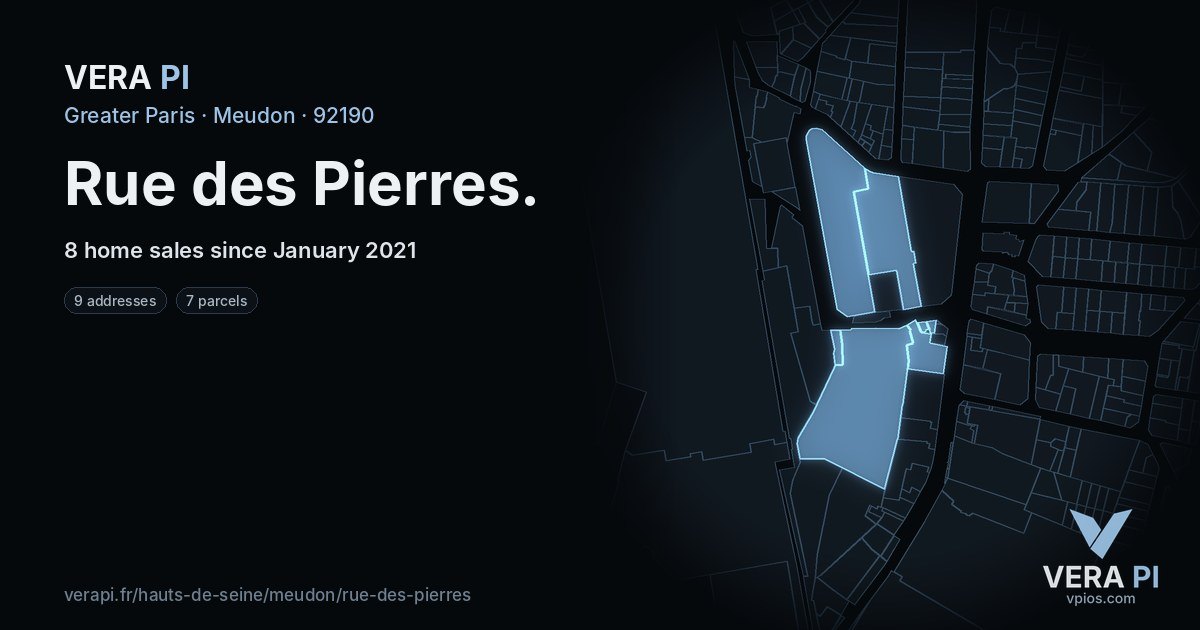 Rue des Pierres, Meudon at night – every parcel coloured by the prices around it, the street's own parcels lit