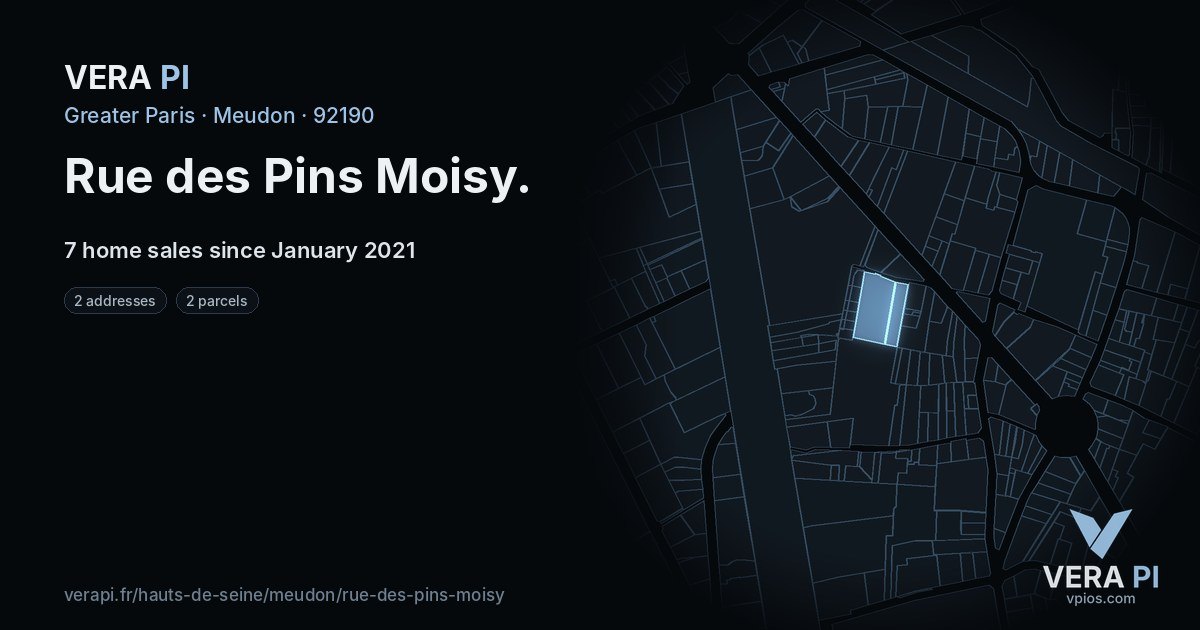 Rue des Pins Moisy, Meudon at night – every parcel coloured by the prices around it, the street's own parcels lit