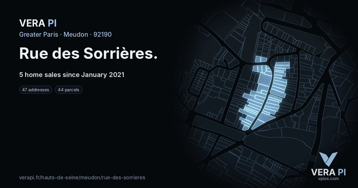 Rue des Sorrières, Meudon at night – every parcel coloured by the prices around it, the street's own parcels lit