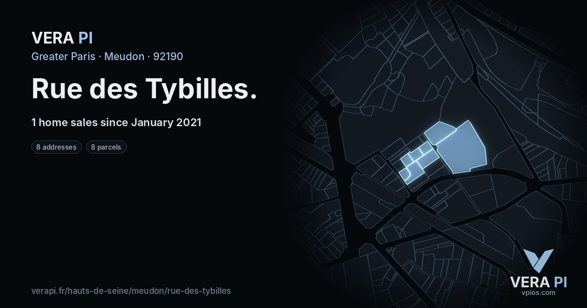 Rue des Tybilles, Meudon at night – every parcel coloured by the prices around it, the street's own parcels lit