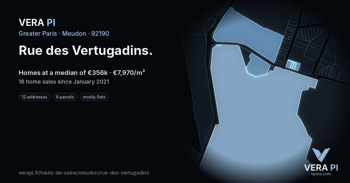 Rue des Vertugadins, Meudon at night – every parcel coloured by the prices around it, the street's own parcels lit