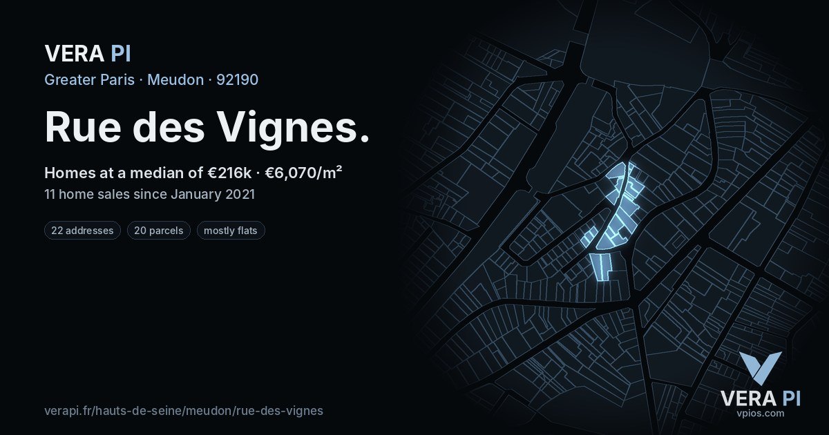 Rue des Vignes, Meudon at night – every parcel coloured by the prices around it, the street's own parcels lit