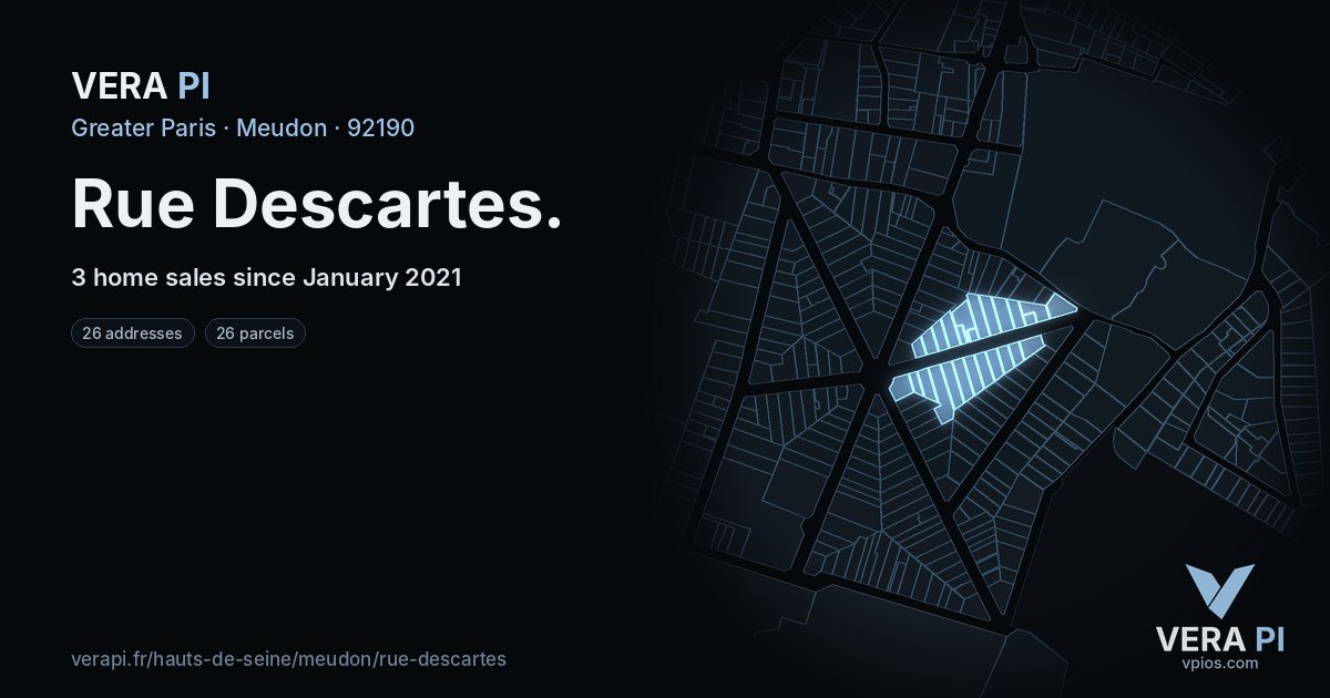 Rue Descartes, Meudon at night – every parcel coloured by the prices around it, the street's own parcels lit