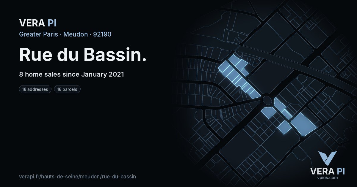 Rue du Bassin, Meudon at night – every parcel coloured by the prices around it, the street's own parcels lit