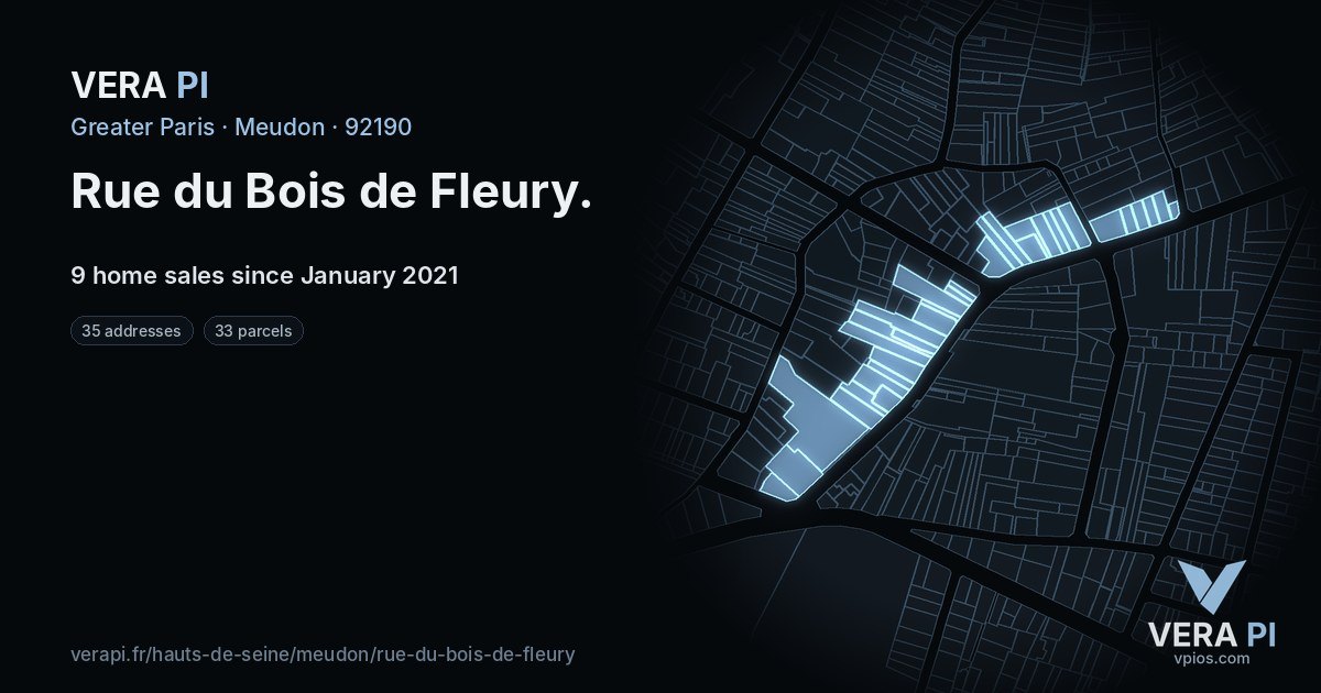 Rue du Bois de Fleury, Meudon at night – every parcel coloured by the prices around it, the street's own parcels lit