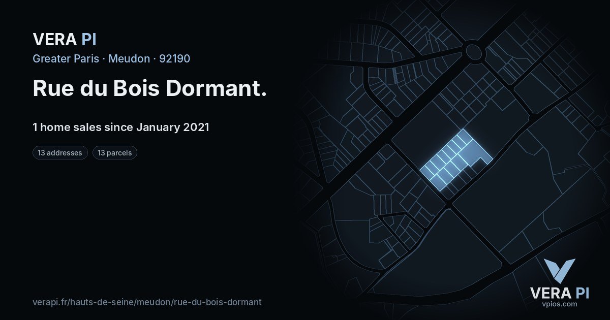 Rue du Bois Dormant, Meudon at night – every parcel coloured by the prices around it, the street's own parcels lit
