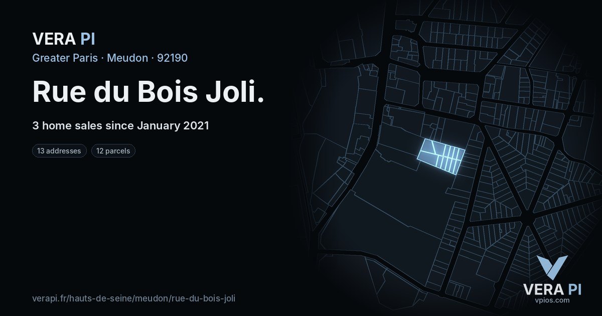 Rue du Bois Joli, Meudon at night – every parcel coloured by the prices around it, the street's own parcels lit
