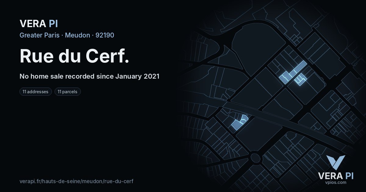 Rue du Cerf, Meudon at night – every parcel coloured by the prices around it, the street's own parcels lit