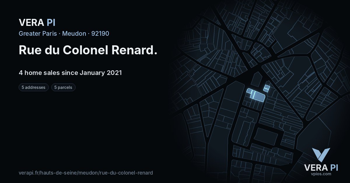 Rue du Colonel Renard, Meudon at night – every parcel coloured by the prices around it, the street's own parcels lit