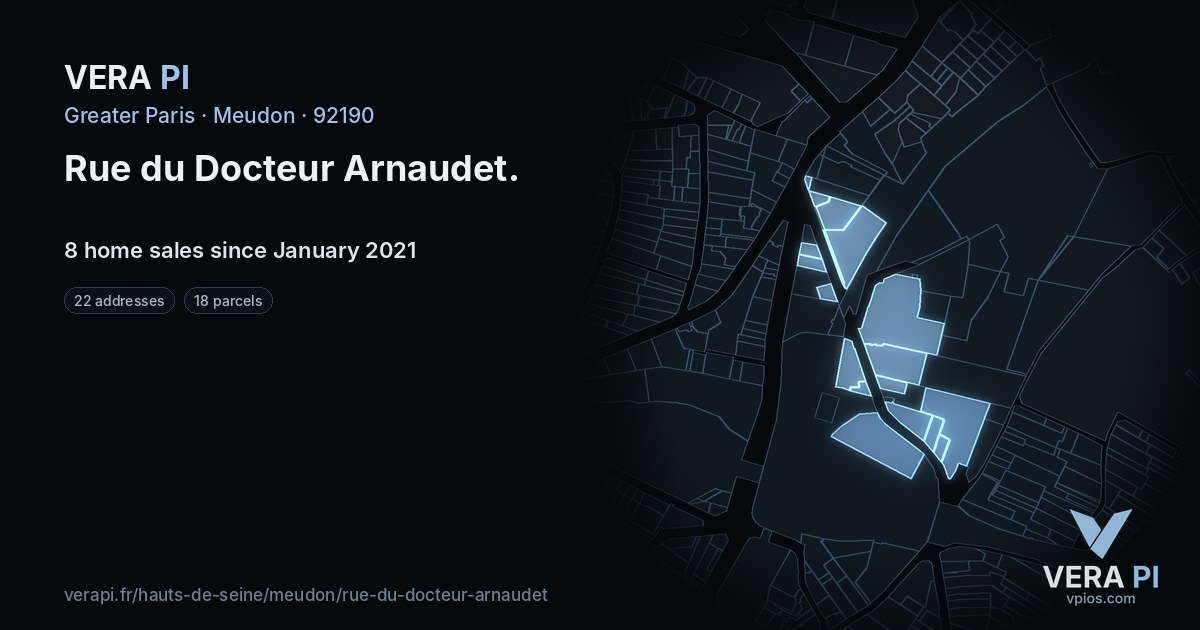 Rue du Docteur Arnaudet, Meudon at night – every parcel coloured by the prices around it, the street's own parcels lit