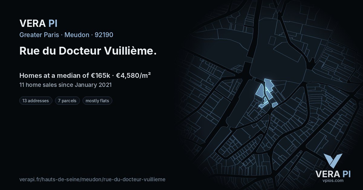 Rue du Docteur Vuillième, Meudon at night – every parcel coloured by the prices around it, the street's own parcels lit