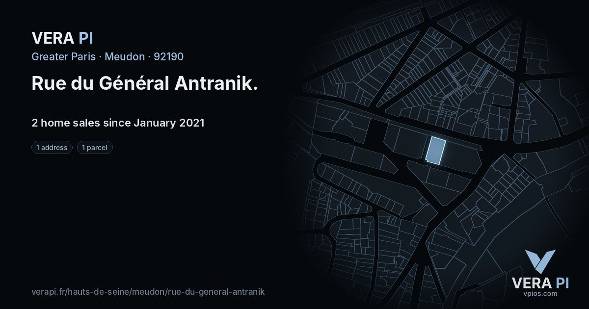 Rue du Général Antranik, Meudon at night – every parcel coloured by the prices around it, the street's own parcels lit