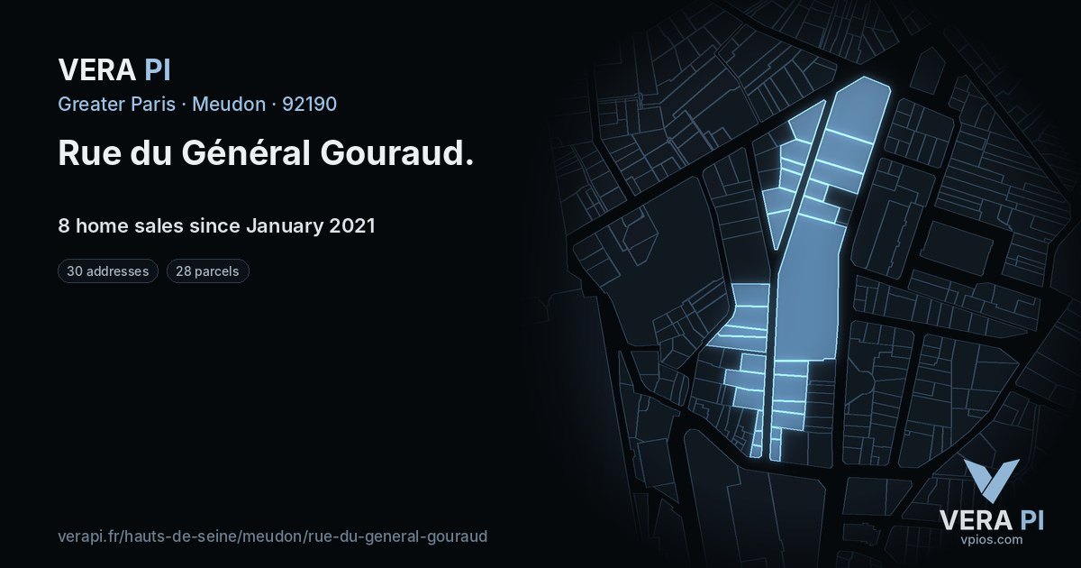 Rue du Général Gouraud, Meudon at night – every parcel coloured by the prices around it, the street's own parcels lit