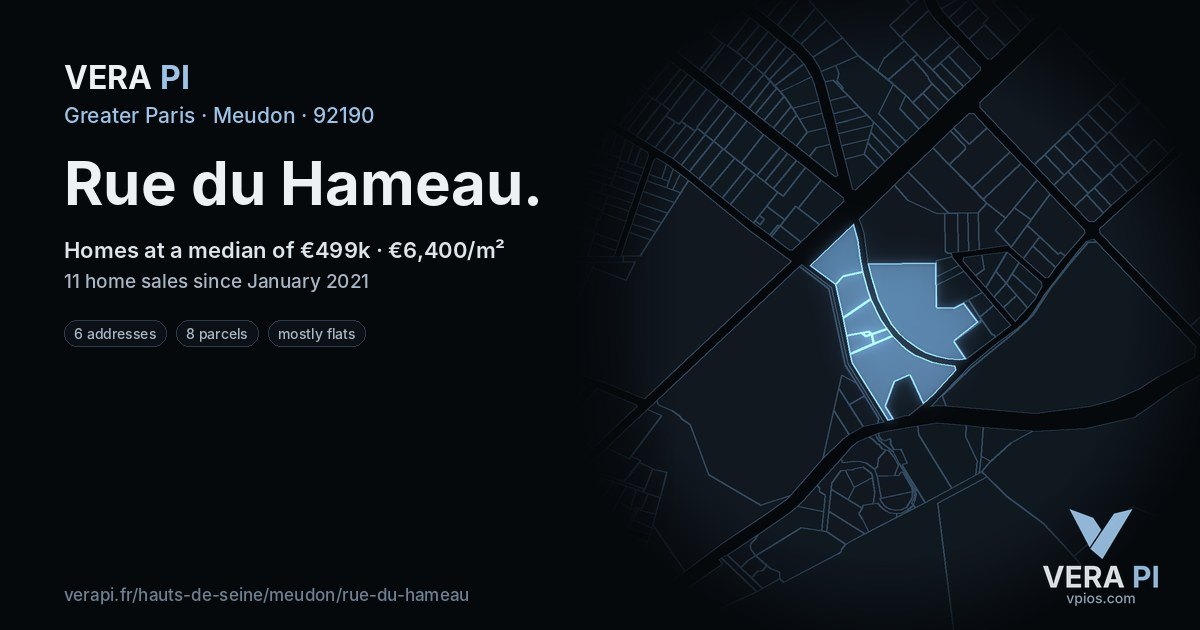 Rue du Hameau, Meudon at night – every parcel coloured by the prices around it, the street's own parcels lit