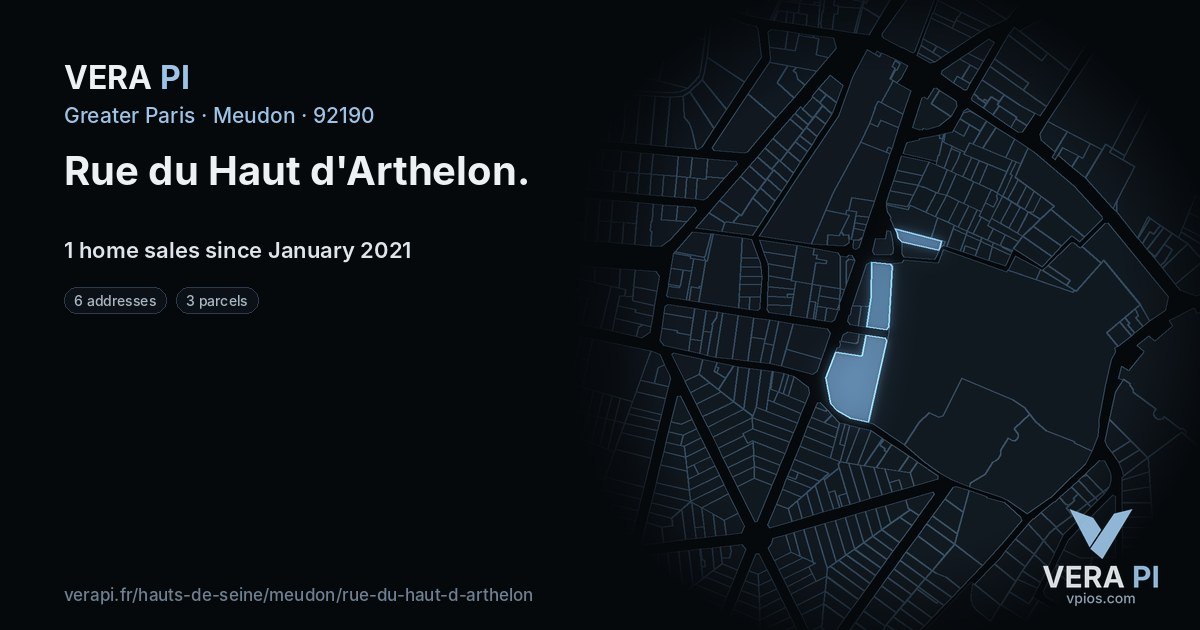 Rue du Haut d'Arthelon, Meudon at night – every parcel coloured by the prices around it, the street's own parcels lit