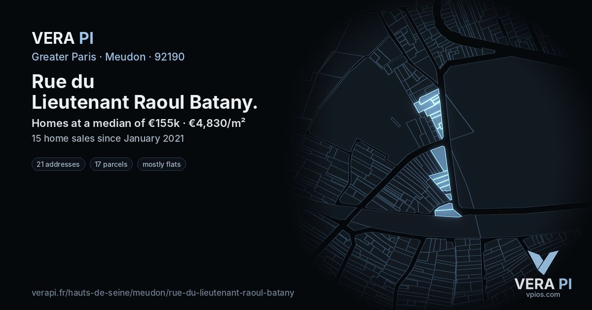 Rue du Lieutenant Raoul Batany, Meudon at night – every parcel coloured by the prices around it, the street's own parcels lit