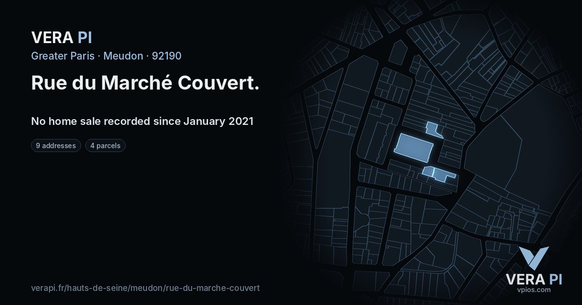 Rue du Marché Couvert, Meudon at night – every parcel coloured by the prices around it, the street's own parcels lit