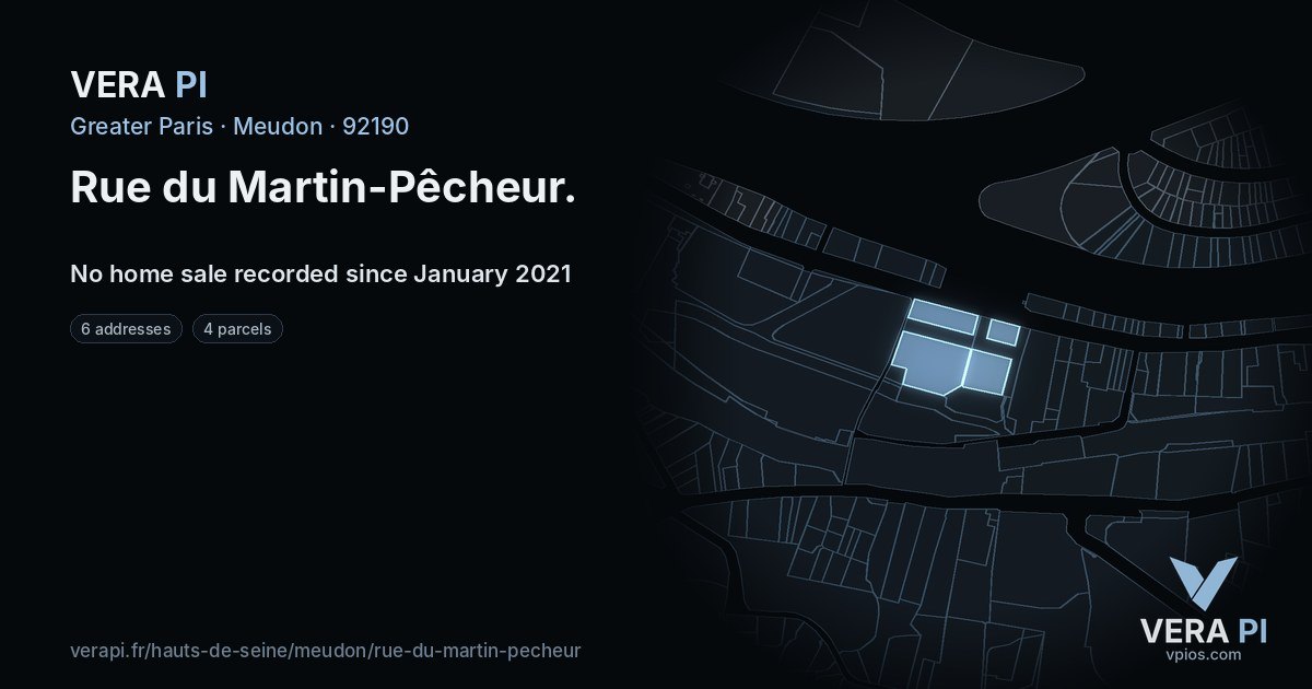 Rue du Martin-Pêcheur, Meudon at night – every parcel coloured by the prices around it, the street's own parcels lit