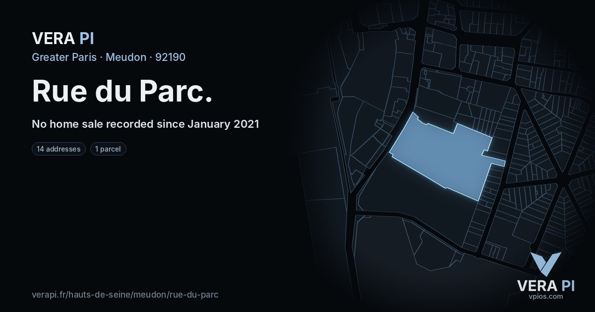 Rue du Parc, Meudon at night – every parcel coloured by the prices around it, the street's own parcels lit