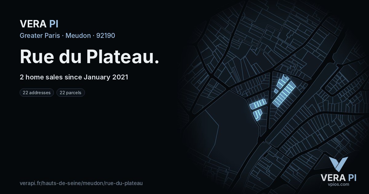 Rue du Plateau, Meudon at night – every parcel coloured by the prices around it, the street's own parcels lit