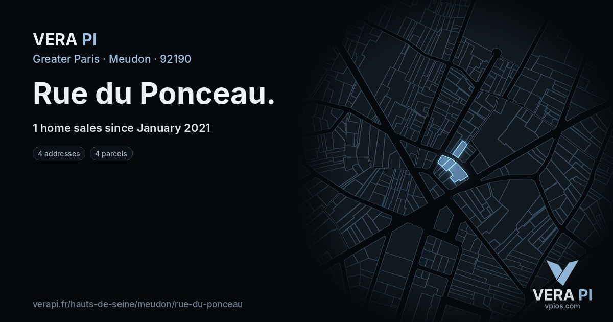 Rue du Ponceau, Meudon at night – every parcel coloured by the prices around it, the street's own parcels lit