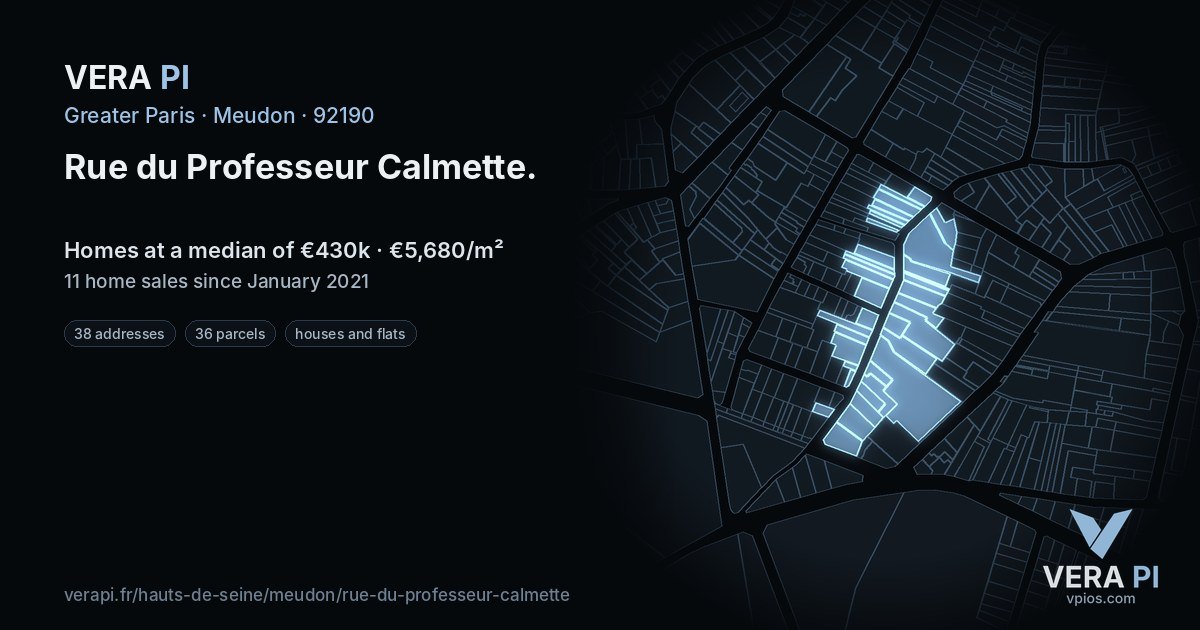 Rue du Professeur Calmette, Meudon at night – every parcel coloured by the prices around it, the street's own parcels lit
