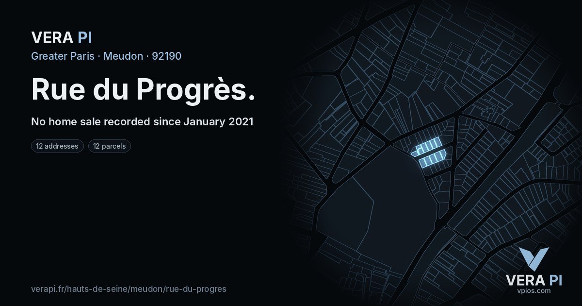 Rue du Progrès, Meudon at night – every parcel coloured by the prices around it, the street's own parcels lit