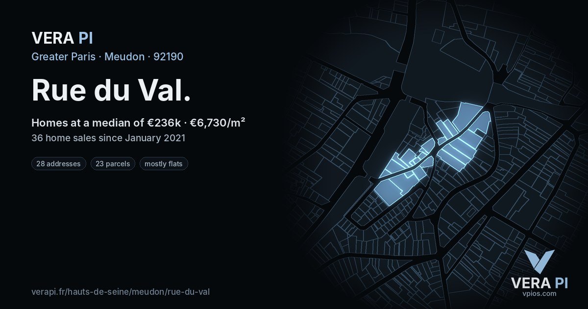 Rue du Val, Meudon at night – every parcel coloured by the prices around it, the street's own parcels lit