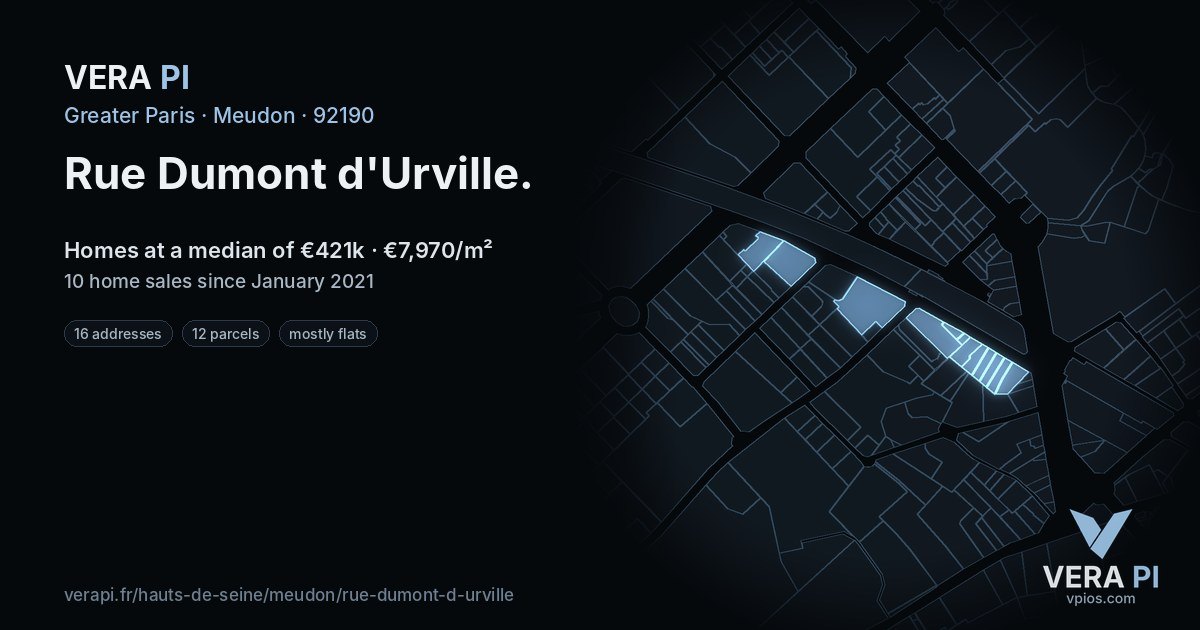 Rue Dumont d'Urville, Meudon at night – every parcel coloured by the prices around it, the street's own parcels lit