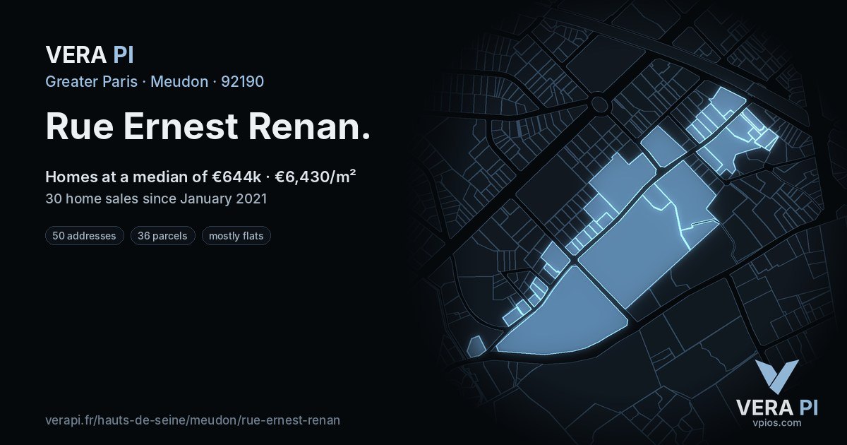 Rue Ernest Renan, Meudon at night – every parcel coloured by the prices around it, the street's own parcels lit