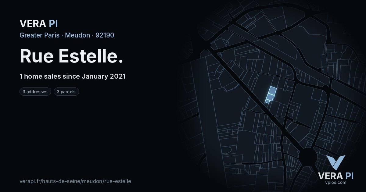 Rue Estelle, Meudon at night – every parcel coloured by the prices around it, the street's own parcels lit