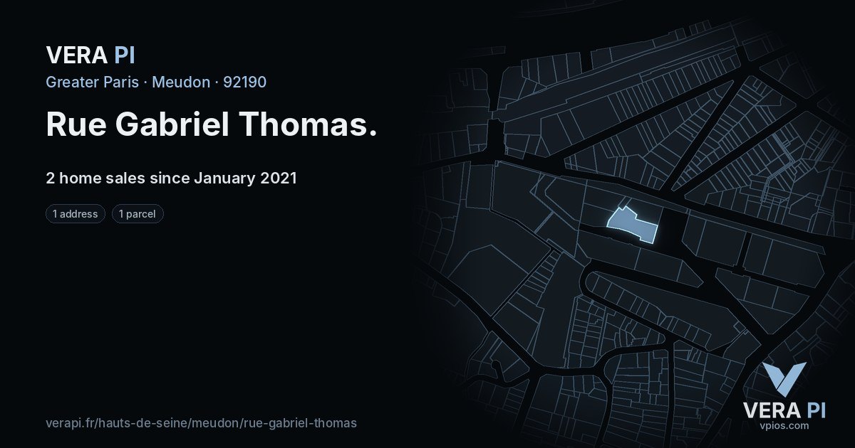 Rue Gabriel Thomas, Meudon at night – every parcel coloured by the prices around it, the street's own parcels lit